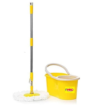 HIC Microfiber Spin Bucket Mop Set with Easy Wringer 360° Degree Moving Handle (Yellow)