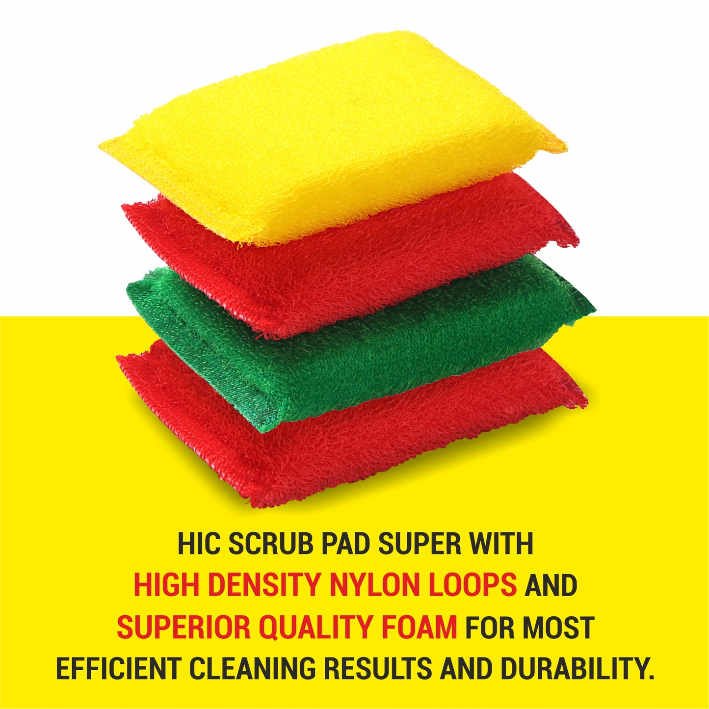 HIC Super Scrub Pad with High Density Nylone Loops and Superior Qlty Foam for Most Efficiant Cleaning and Durability (Pack of 4)