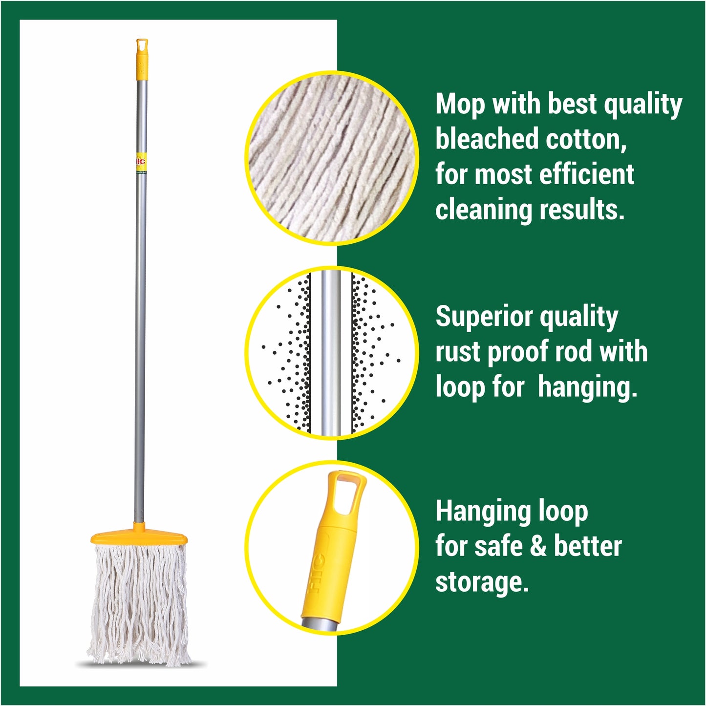 HIC Refillable Cotton 'T' Mop Ideal for All Kind of Floor with Extendable Rod to Adjust to Your Height