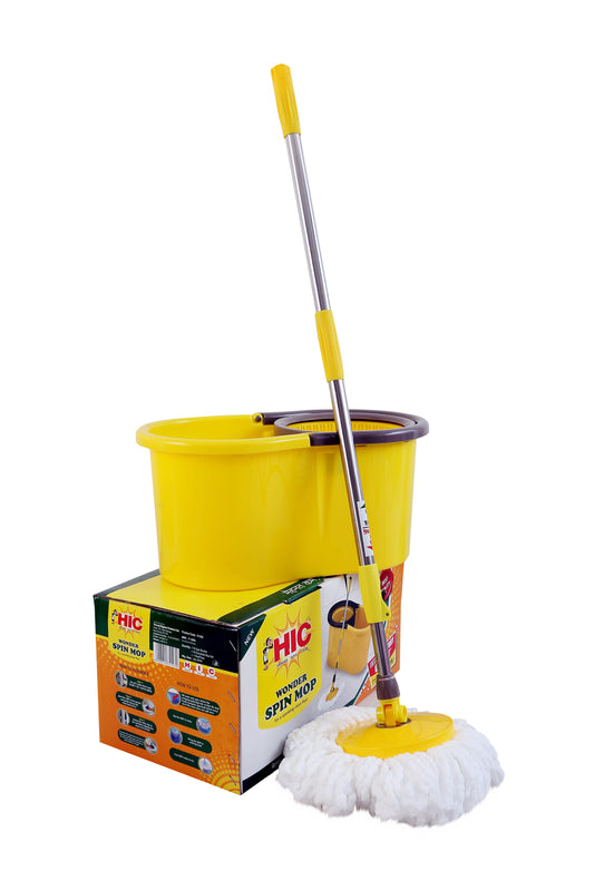 HIC Microfiber Spin Bucket Mop Set with Easy Wringer 360° Degree Moving Handle (Yellow)