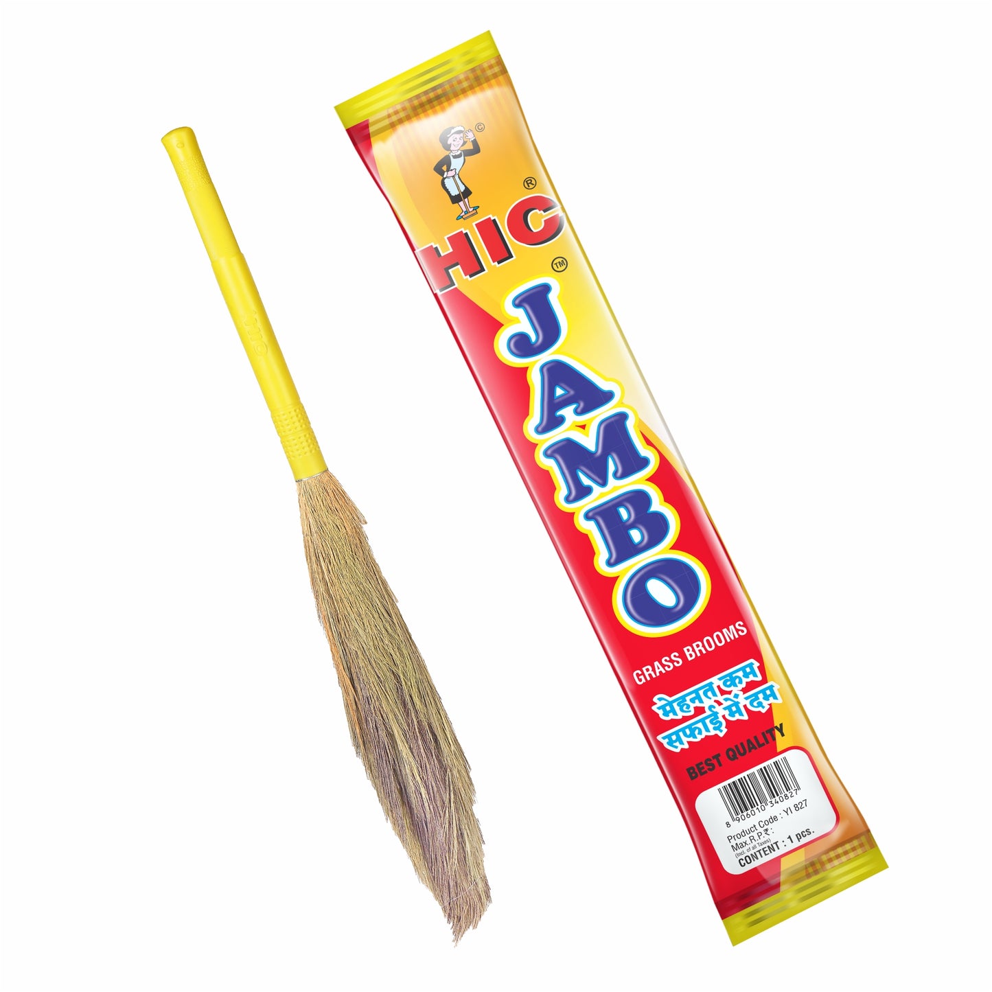 HIC Long Lasting Eco-Friendly Plastic Handle Jambo Grass Broom Stick- Jumbo King Size