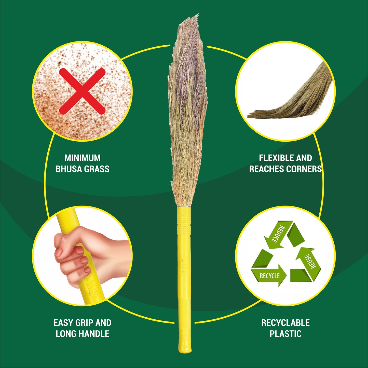 HIC Long Lasting Eco-Friendly Plastic Handle Jambo Grass Broom Stick- Jumbo King Size