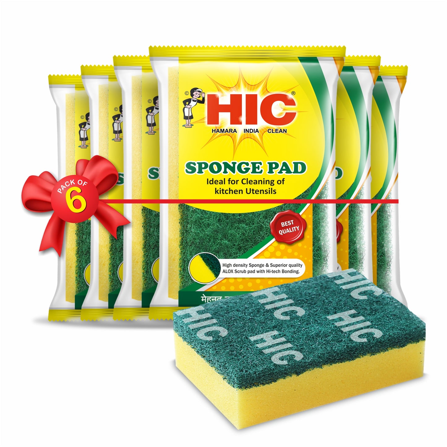 HIC Scrub Pad with Alox Shakti and High Density Sponge with HI-Tech Bonding for Kitchen (Size 70x100mm Pack of 6)