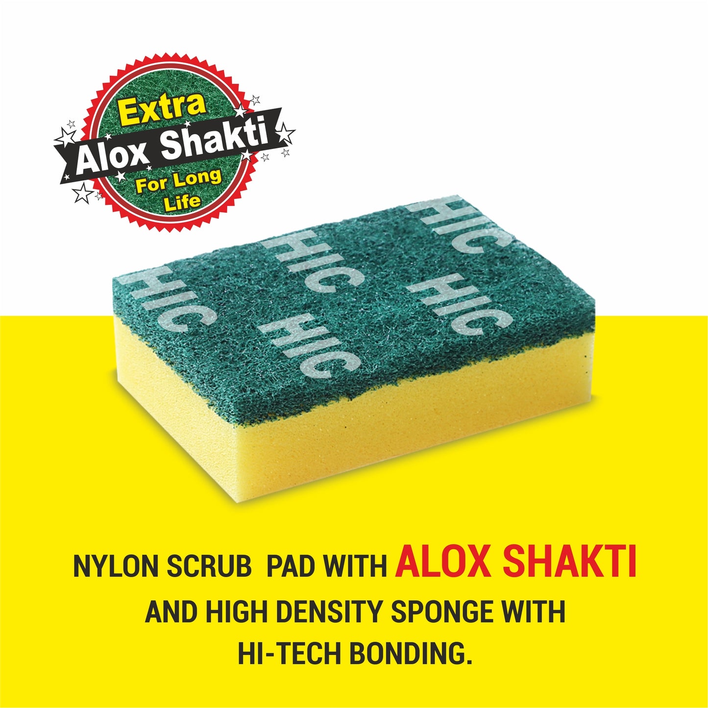 HIC Scrub Pad with Alox Shakti and High Density Sponge with HI-Tech Bonding for Kitchen (Size 70x100mm Pack of 6)