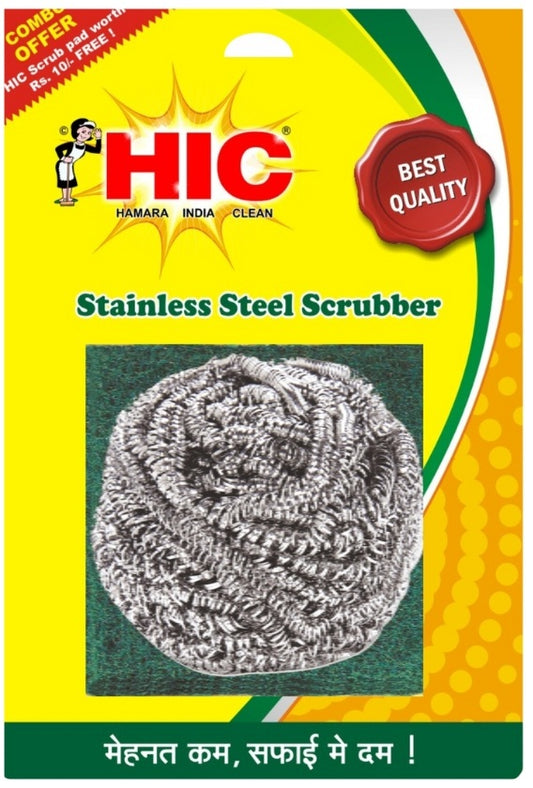 HIC Stainless Steel Scrubber 15gm with Free Green Nylon srubpad Pad75x75 mm (Pack of 6)