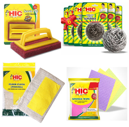 HIC Scrub pad with Handle + Stainless Still Scrubber 6 pcs + Floor Cloth Pochha + Sponge Wipe 3 Pcs Kitchen Set Combo Set